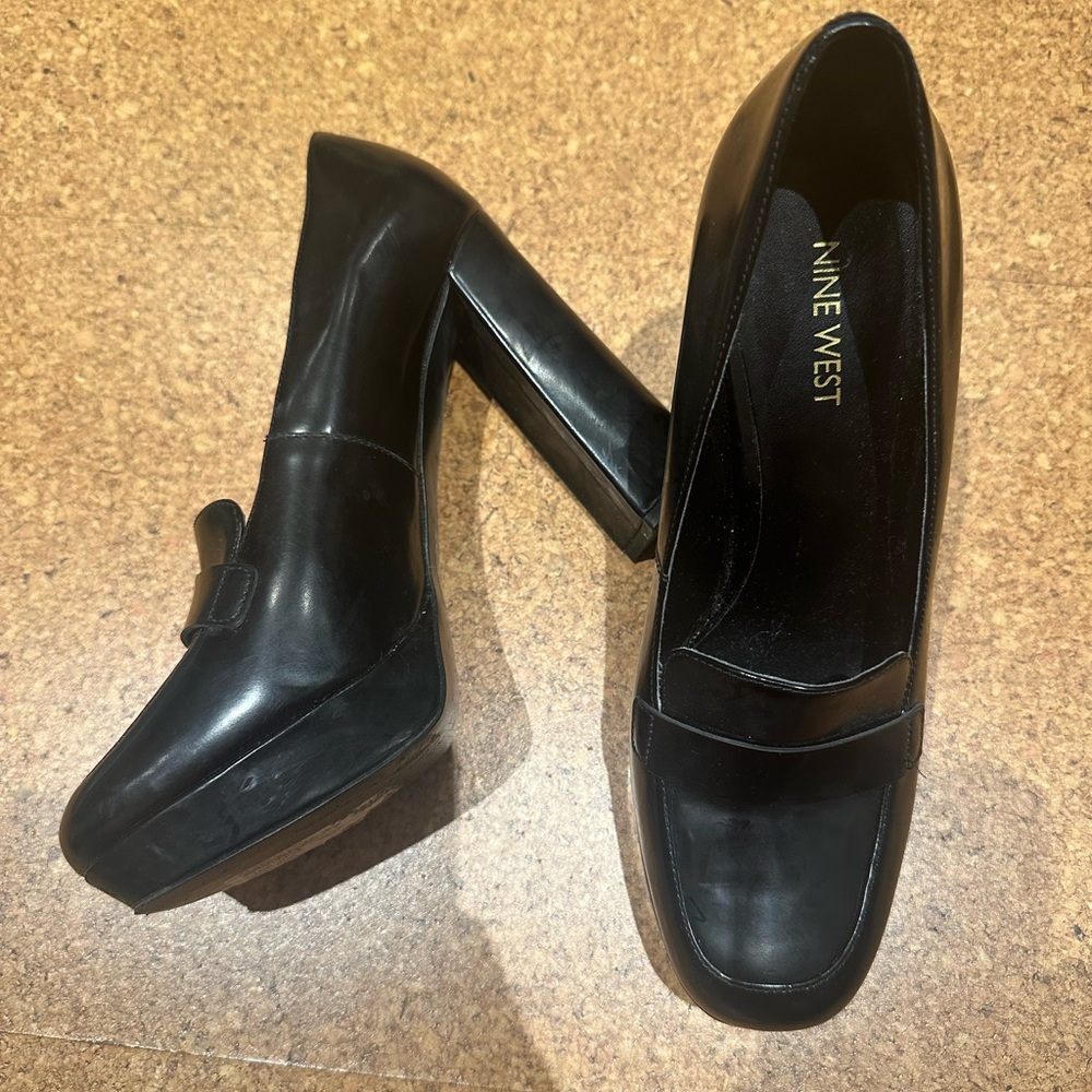 Nine West black leather platform heels